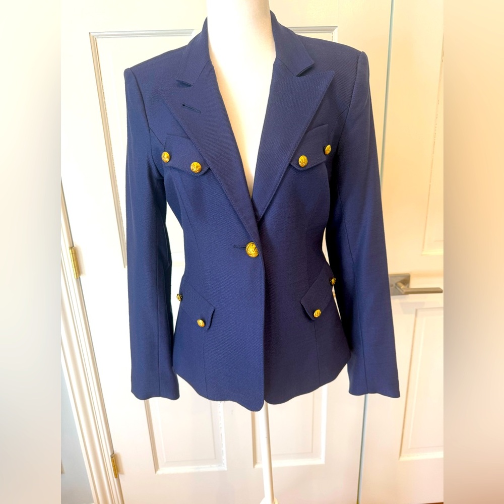 Smythe Navy Blue Blazer with Gold Buttons sz 8 RUNS SMALL